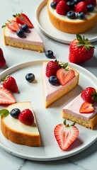 Delicious cheesecake slices topped with fresh strawberries and blueberries on a plate.
