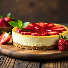 Delicious cheesecake topped with fresh strawberries and mint on a wooden board.