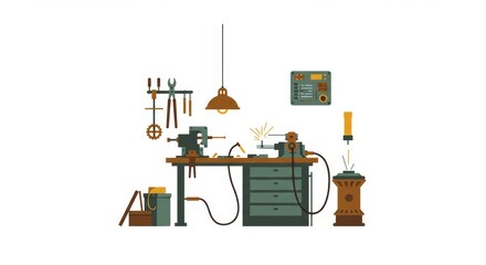 Stylized Steampunk Inventor's Workshop: A Clean and Elegant Minimalist Graphic Art