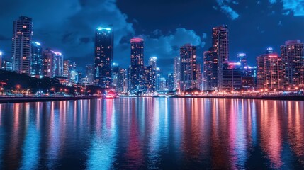 Obraz premium A riverfront city skyline at night, where lights from the buildings reflect beautifully on the calm water.