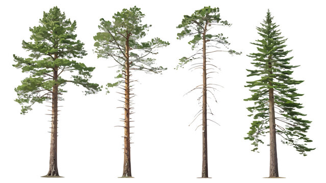 A collection of four detailed tree illustrations with varying foliage and branch density shown isolated