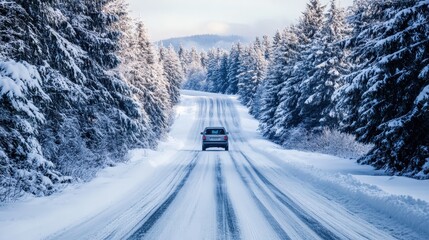 A road tour across a snowy landscape, a vehicle making its way through icy roads and snow-covered trees