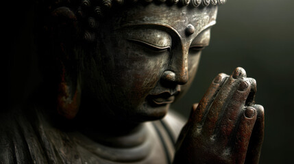 A serene bronze Buddha statue with hands pressed together in prayer evokes a sense of peace, spirituality, and enlightenment within a dark background setting.