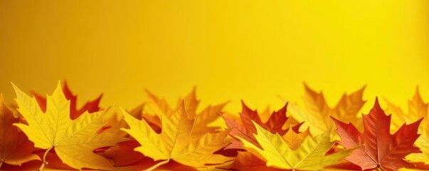 Pile of yellow and orange autumn leaves against a bright yellow background, background, bunch