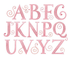 Pink watercolor alphabet letters with dots and swirls from a to z in a decorative arrangement