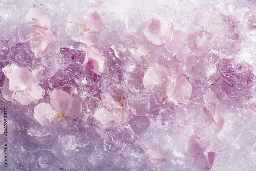 Poster pink flower petals frozen in ice, creating a delicate and textured background, showcasing a concept 