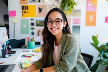 Smiling designer in creative office working on visual identity with colorful design inspiration