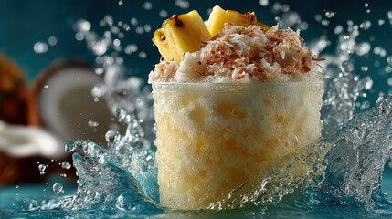 Refreshing tropical cocktail with pineapple and coconut, splashing water on a blue background.