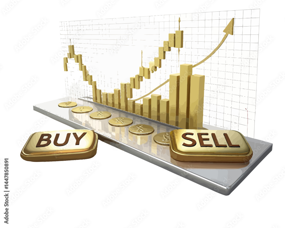 Aufkleber golden chart showing upward trend with buy and sell buttons and coins on a silver platform view