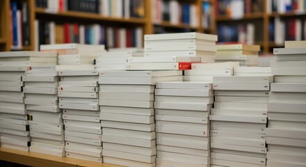 Obraz premium Stacks of New Books in a Bookstore, Close-up View of Book Covers and Titles