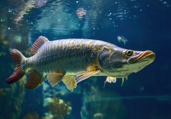 Fototapeta premium Majestic fish swimming gracefully in clear blue waters, showcasing its scales and fins.