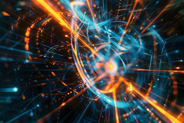 Obraz premium Glowing Blue and Orange Lines Radiating from the Center Creating Dynamic Motion and Energy in an Abstract Design