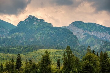 Mountain landscape. Scenic view of rocky peaks of High Tatras mountains, Polish-Slovak Podspady, Zdiar, Belianske tatras, border, spring day.