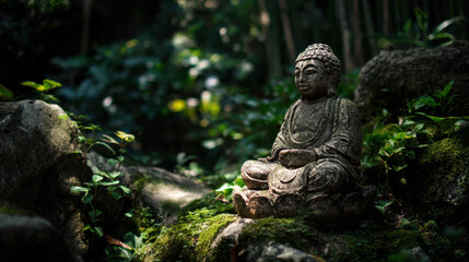 Serene Buddha statue sits peacefully amidst lush green moss and foliage in a tranquil garden setting, bathed in soft sunlight filte through the trees above.