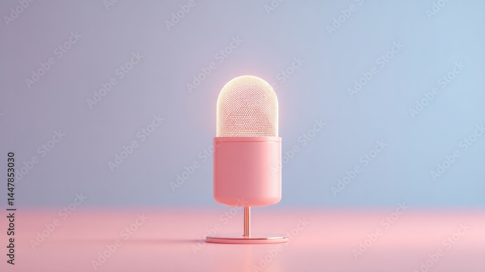 Poster create minimalistic photo of elegant microphone standing alone on bright stage with ample copy space