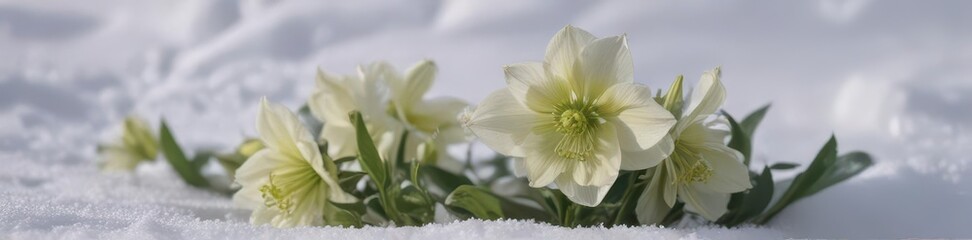 Obraz premium Cream hellebore emerges from snowdrift, winter bloom , single bloom, icy