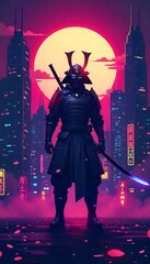 Generative AI Samurai Warrior Standing Guard in a Futuristic Cyberpunk Cityscape