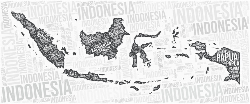 Indonesia regions map word cloud. Indonesia region names. Black and white map design. Stylish vector illustration.