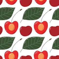 Seamless Pattern of Fresh Cherries and Leaves in Vibrant Colors. Brightly colored seamless pattern depicting red cherries with green leaves on a white background, ideal for uses in design, crafting, 