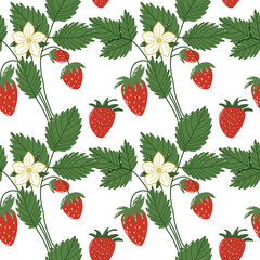 Seamless Pattern Featuring Strawberries, Flowers, and Green Leaves on White Background.  A seamless repeating pattern showcasing bright strawberries, delicate flowers, and vibrant green leaves. 