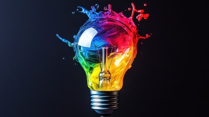 Colorful lightbulb splash, dark background, idea concept