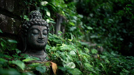 Fototapeta premium Ancient stone Buddha head sculpture led among lush green foliage evokes a sense of serenity and spiritual harmony in a tranquil outdoor garden setting.