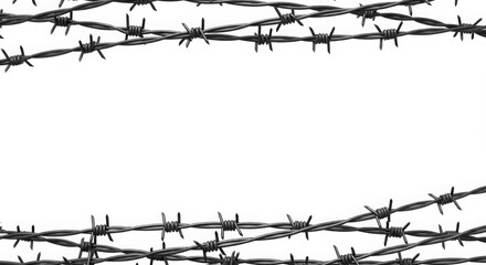A sharp barbed wire frame in landscape format, enclosing a blank white center like a barrier window