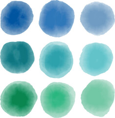 Set of Nine Vibrant Watercolor Vector Gradient Circles in Blue and Green Shades. Colorful artistic watercolor styled circles arranged in a three-by-three grid, featuring gradients of blue and green 