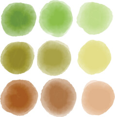 Set of Watercolor Vector Circles in Gradient Green and Brown Tones. Abstract watercolor art featuring nine circles in varying green and brown shades arranged in a grid.