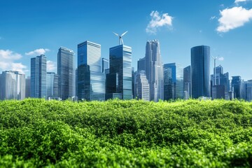 Obraz premium A city with green buildings that use energy from the wind and the sun.