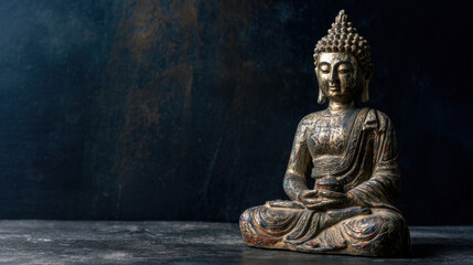Obraz premium Serene Buddha statue in meditative pose rests peacefully against a dark, textured backdrop, radiating calmness and spiritual enlightenment within its presence.
