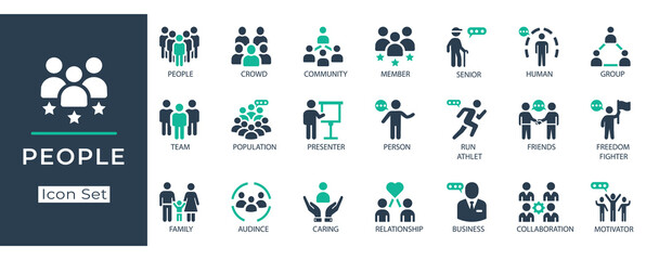 Flat vector people icon set. Including team, community, crowd, family, business, friends, collaboration, relationship, presenter, audience, and group symbols.