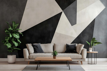 Modern Living Room with Abstract Geometric Wall Paint and Soft Sofa