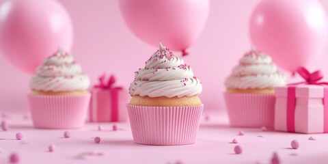 Delicious pink cupcakes with frosting and sprinkles, surrounded by colorful balloons and candies. Perfect for birthday or celebratory events.