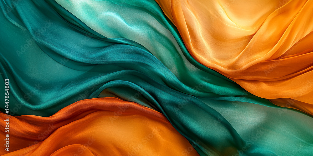 Aufkleber Abstract image of teal and orange fabric draped in soft waves, creating a luxurious and elegant texture, showcasing fluidity and movement