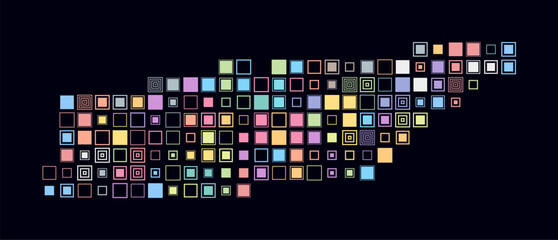 Tennessee, shape of the state built of colored cells. Digital style map of Tennessee on dark background. Large size square blocks. Artistic vector illustration.