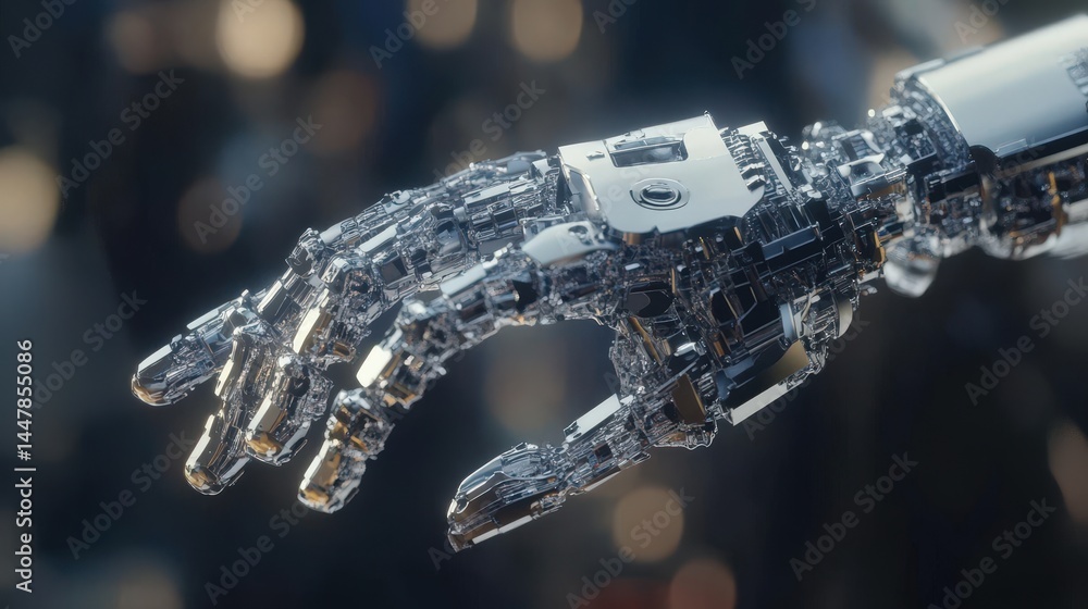 Aufkleber a robotic hand in mid-air, assembling itself through ai-driven nanotechnology.