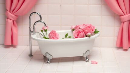 Creative spa card. Miniature bath tub with pink roses on a background of white tiles and pink curtains.