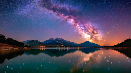 Stunning panorama view of the Milky Way over serene mountains and lake