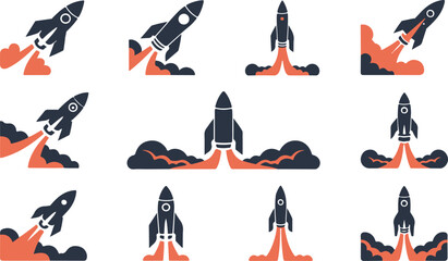 Silhouette Collection of Rocket Icons in Various Launch Poses, Perfect for Space, Technology, and Innovation Themes