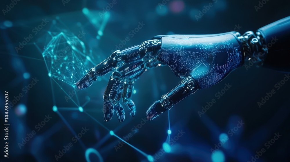 Poster a robotic hand reaching out to interact with a holographic ai communication network, symbolizing the