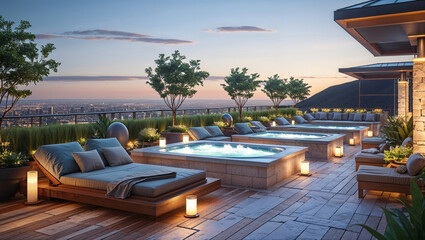 Fototapeta premium Luxurious rooftop oasis featuring hot tubs and comfortable lounging areas at dusk