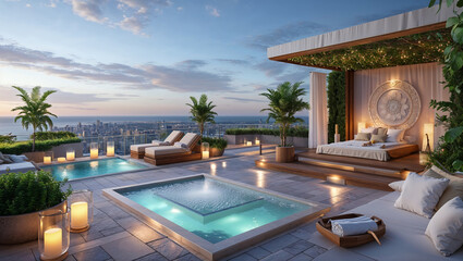 Luxurious rooftop oasis featuring swimming pools lounging areas and a relaxing master bedroom