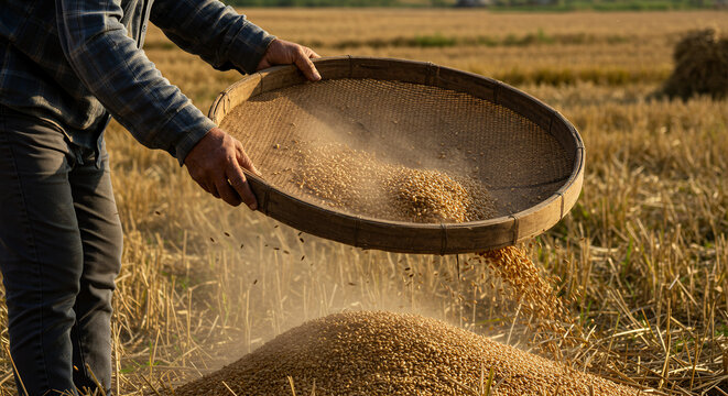 Person sifting wheat grains in a field at harvest time