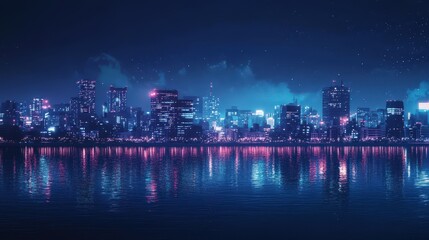 Naklejka premium A romantic city skyline at night, with lights twinkling and a soft glow over a peaceful urban landscape.