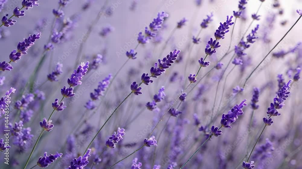 Aufkleber close-up view of blooming lavender flowers swaying gently in a soft breeze, creating a serene and ca