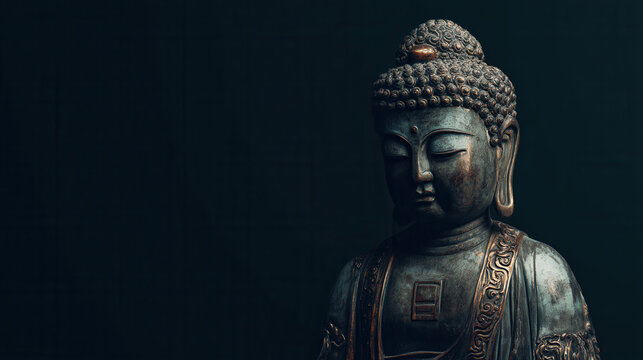 A serene bronze buddha statue stands peacefully against a dark backdrop radiating spirituality and wisdom with its contemplative expression and detailed ornamentation.