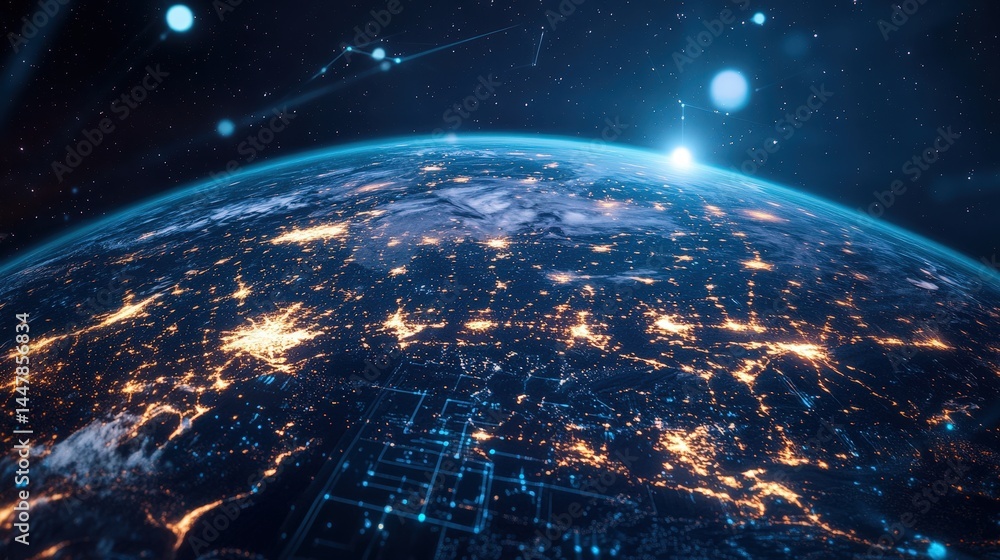 Poster a rotating holographic earth with interactive data connections forming a seamless global network