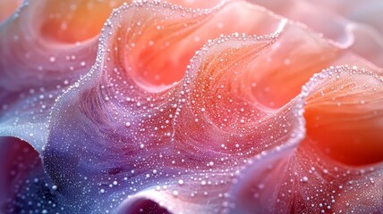Close-up of vibrant, swirling seashell textures with delicate water droplets, showcasing natures beauty and elegance for marine-themed decor or design.
