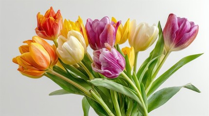 Obraz premium Vibrant bouquet of multicolored tulips on a white background.